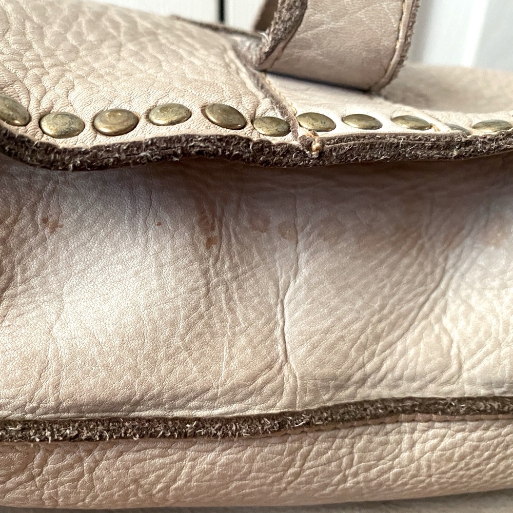 Bayside Made in Italy Beige/Taupe Pebbled Leather Studded Postman Shoulder Bag - Picture 11 of 16
